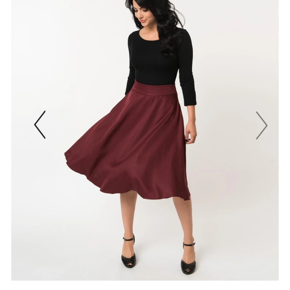 Unique Vintage Burgundy High Waist Swing Skirt
